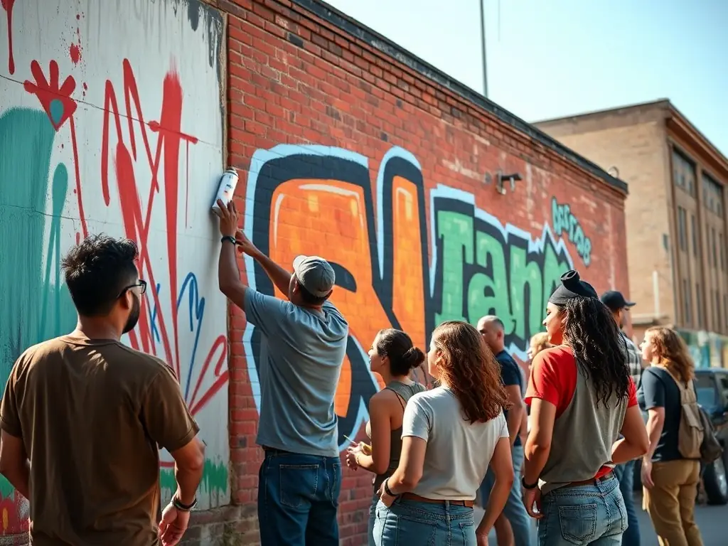 A group of diverse individuals participating in a community art project, painting a mural on a public building. The image reflects the participatory and inclusive nature of LES OXALIS's community engagement projects.