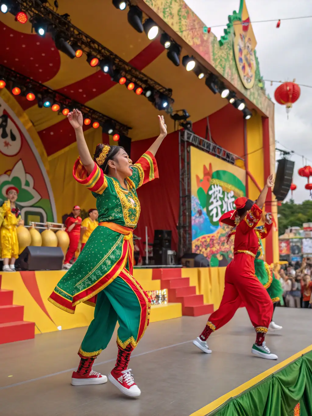 A vibrant image of performers during a street arts festival, showcasing the energy and creativity that LES OXALIS supports through production assistance.