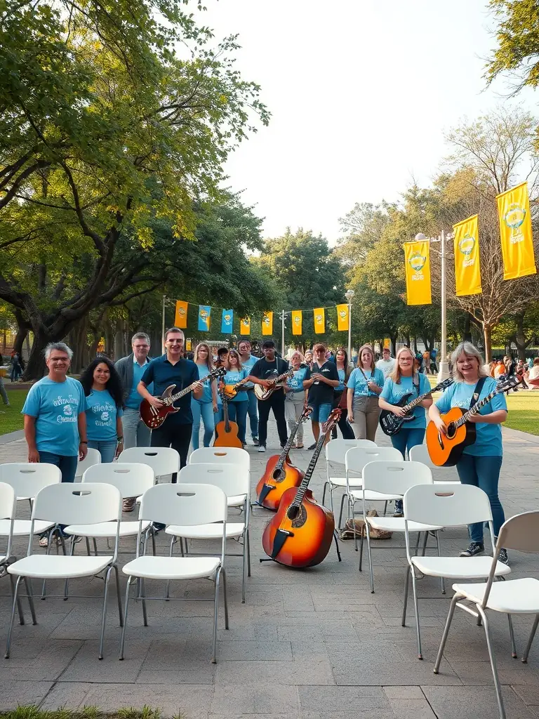 A photo of volunteers working together to organize an arts festival, showcasing the collaborative effort and community spirit behind LES OXALIS's events. The setting is a bustling festival ground, emphasizing community engagement.