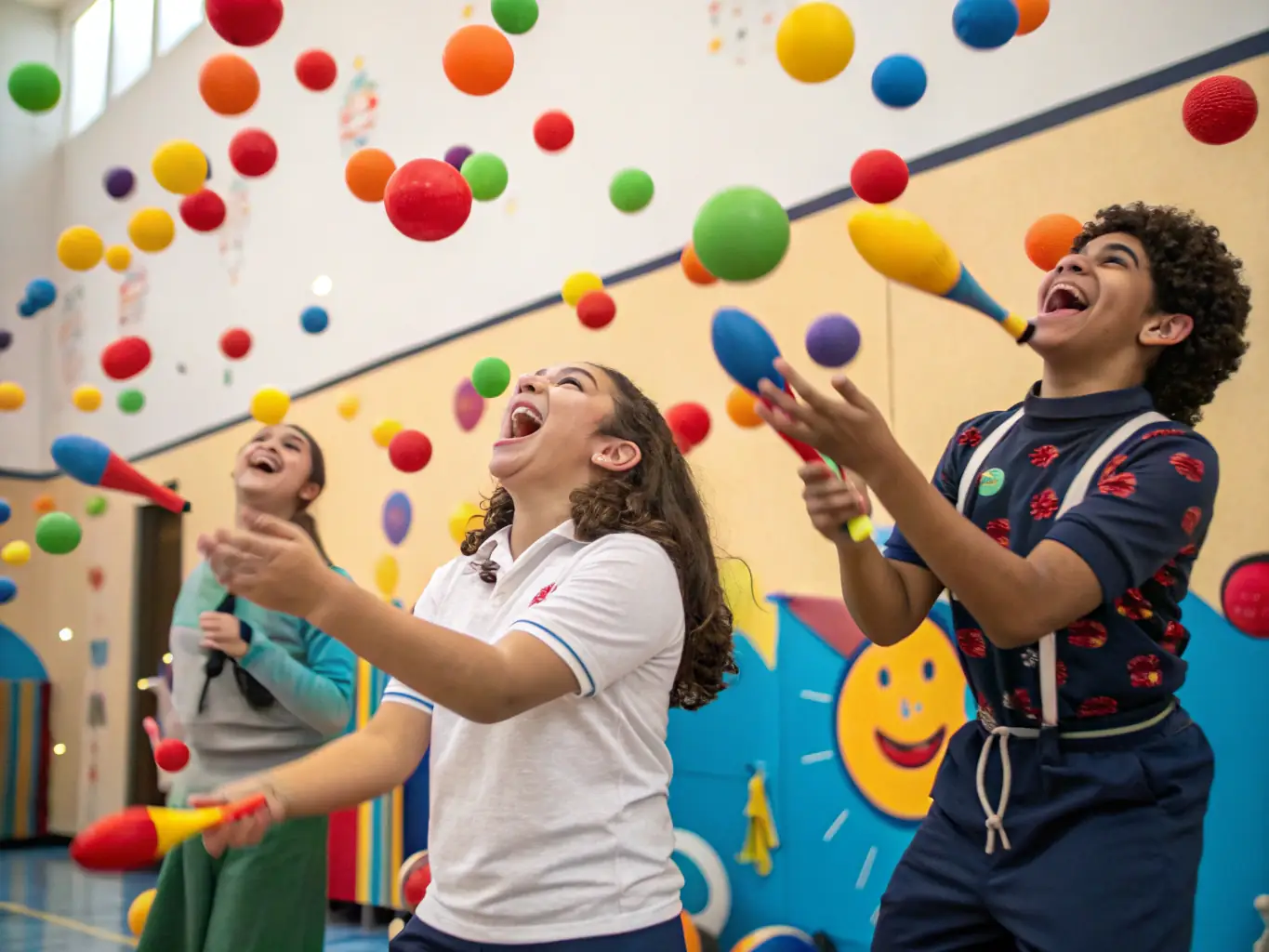 A photo of a circus workshop where children are learning juggling and acrobatics, guided by experienced instructors. The setting is a community center, emphasizing the educational aspect of LES OXALIS's programs.