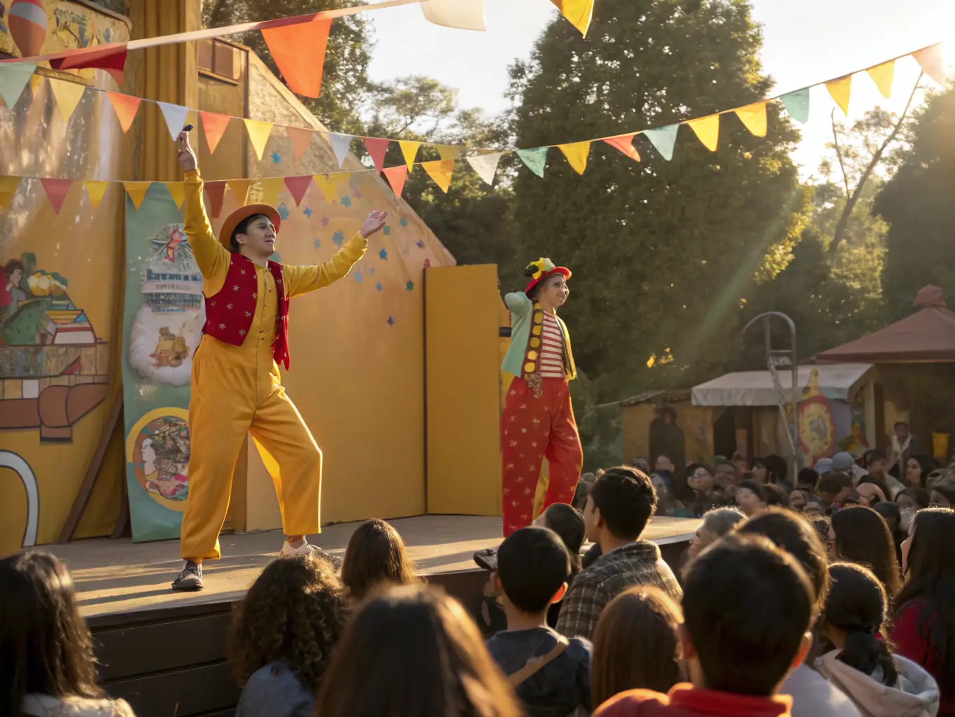 A vibrant image of a street circus performance in a public square, showcasing performers interacting with an enthusiastic audience. The scene captures the energy and community spirit fostered by LES OXALIS's street arts programs.