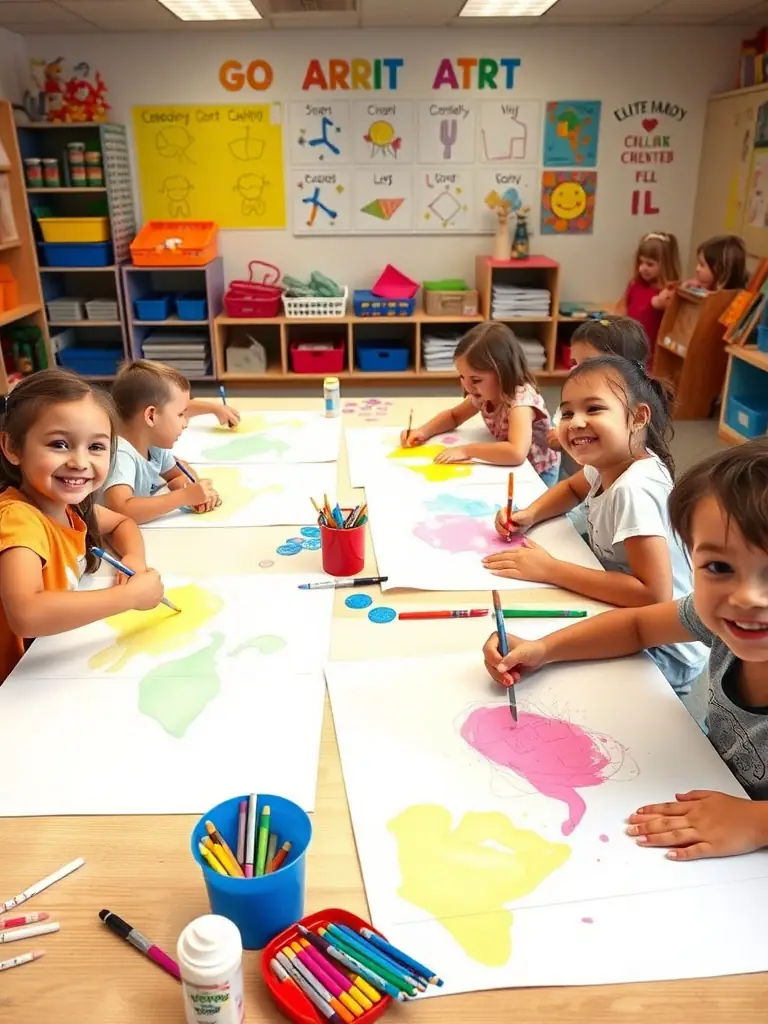 A heartwarming image of children participating in an educational arts program, learning about different art forms and cultures. The setting is a classroom, emphasizing the educational aspect of the program.