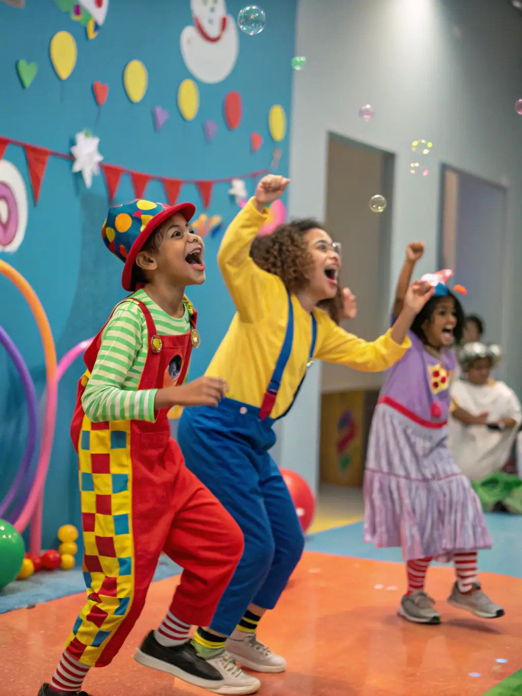 A group of children participating in an educational circus workshop, highlighting LES OXALIS's commitment to expanding access to culture.