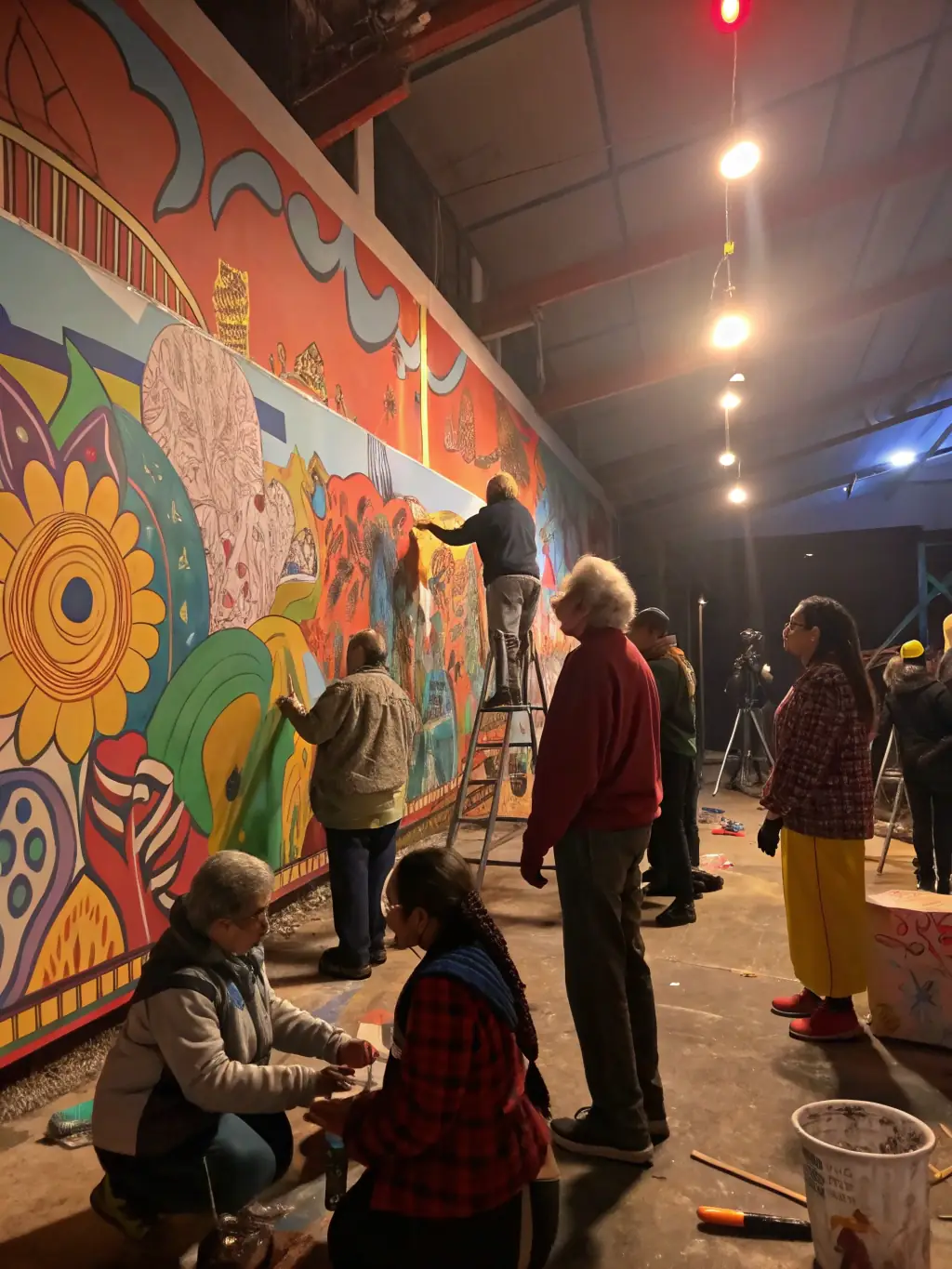 A vibrant image depicting a street art workshop in progress, with participants of diverse ages and backgrounds actively engaged in creating a mural. The setting is a community center, emphasizing inclusivity and collaboration.