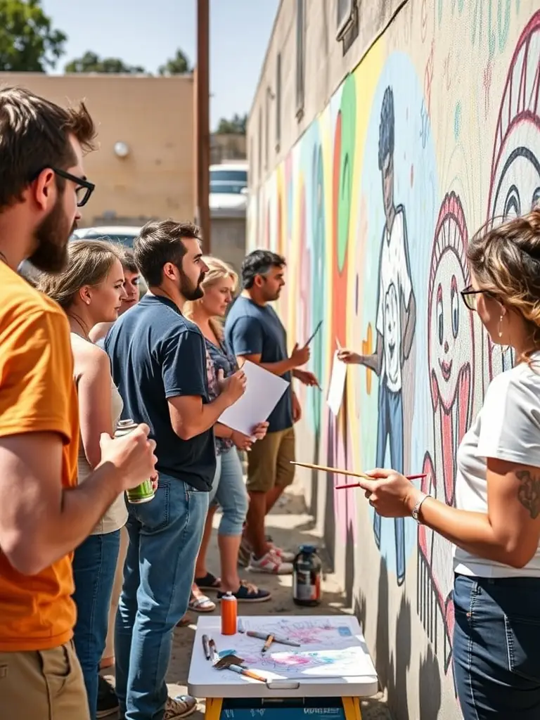 A diverse group of community members engaged in a participatory art project, demonstrating LES OXALIS's dedication to inclusive cultural experiences.